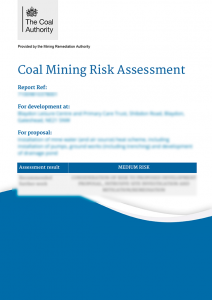 The front of an example coal mining risk assessment report from the Mining Remediation Authority