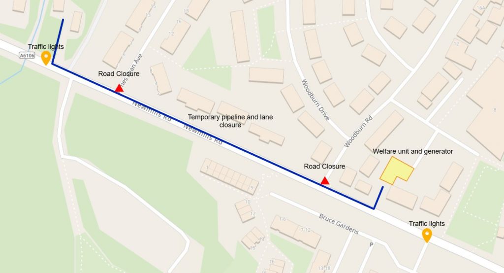 Map showing the road closure and above ground pipe location for the underground mine water levels remediation works at Dalkeith, January 2026.