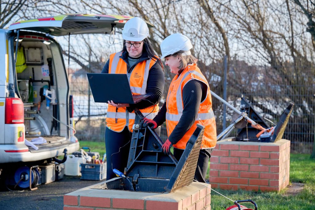 Dr Fiona Todd and colleague, Dr Rebecca Chambers, collecting data at the Gateshead Mine Water Heat Living Lab