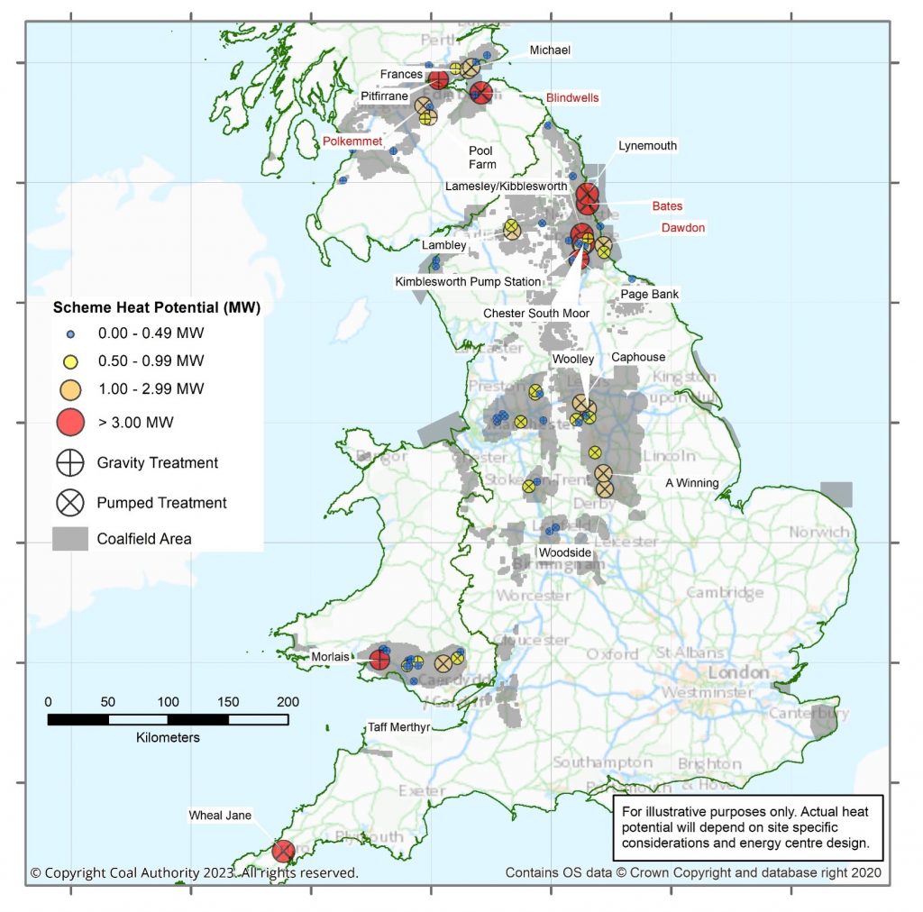 A map showing the waste heat potential in mine water at the treatment schemes operated by the Mining Remediation Authority.